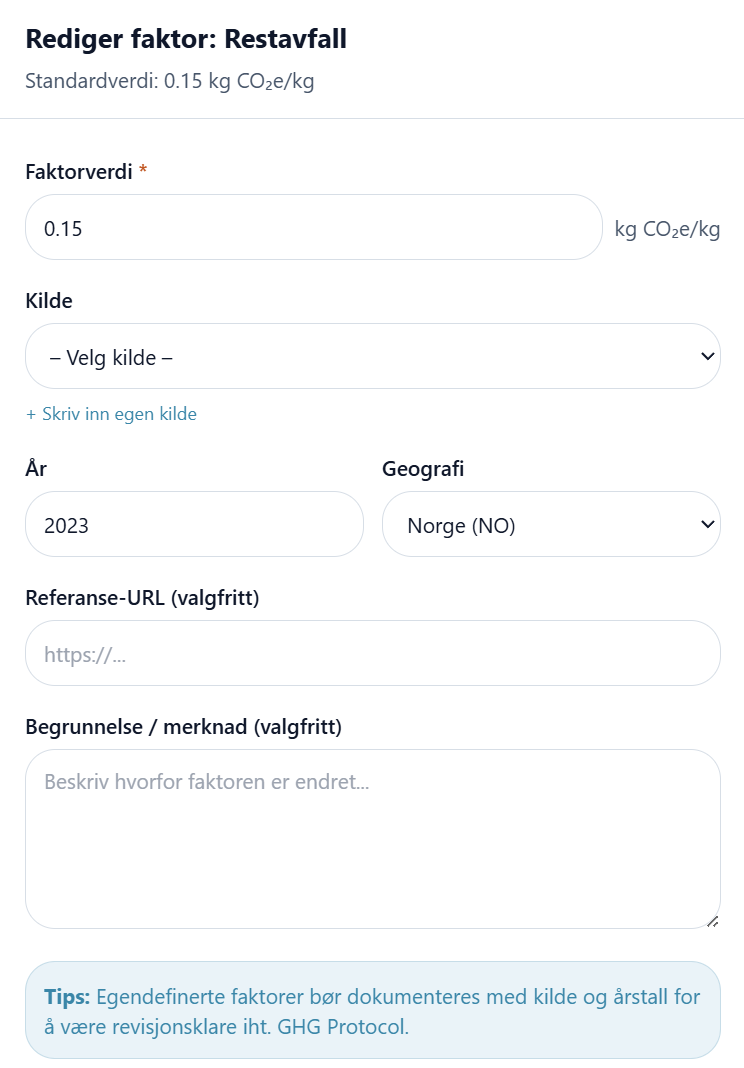Rediger egne utslippsfaktorer i Karbonspor
