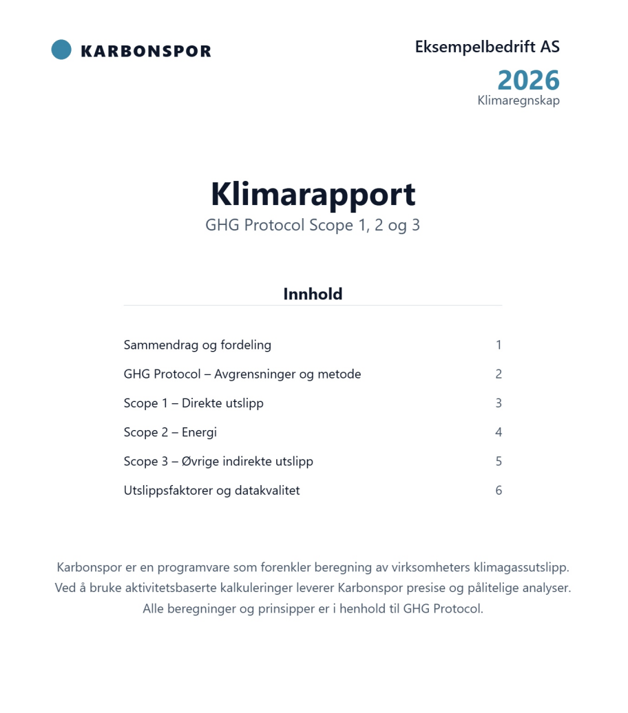 Eksempel på klimarapport generert av Karbonspor