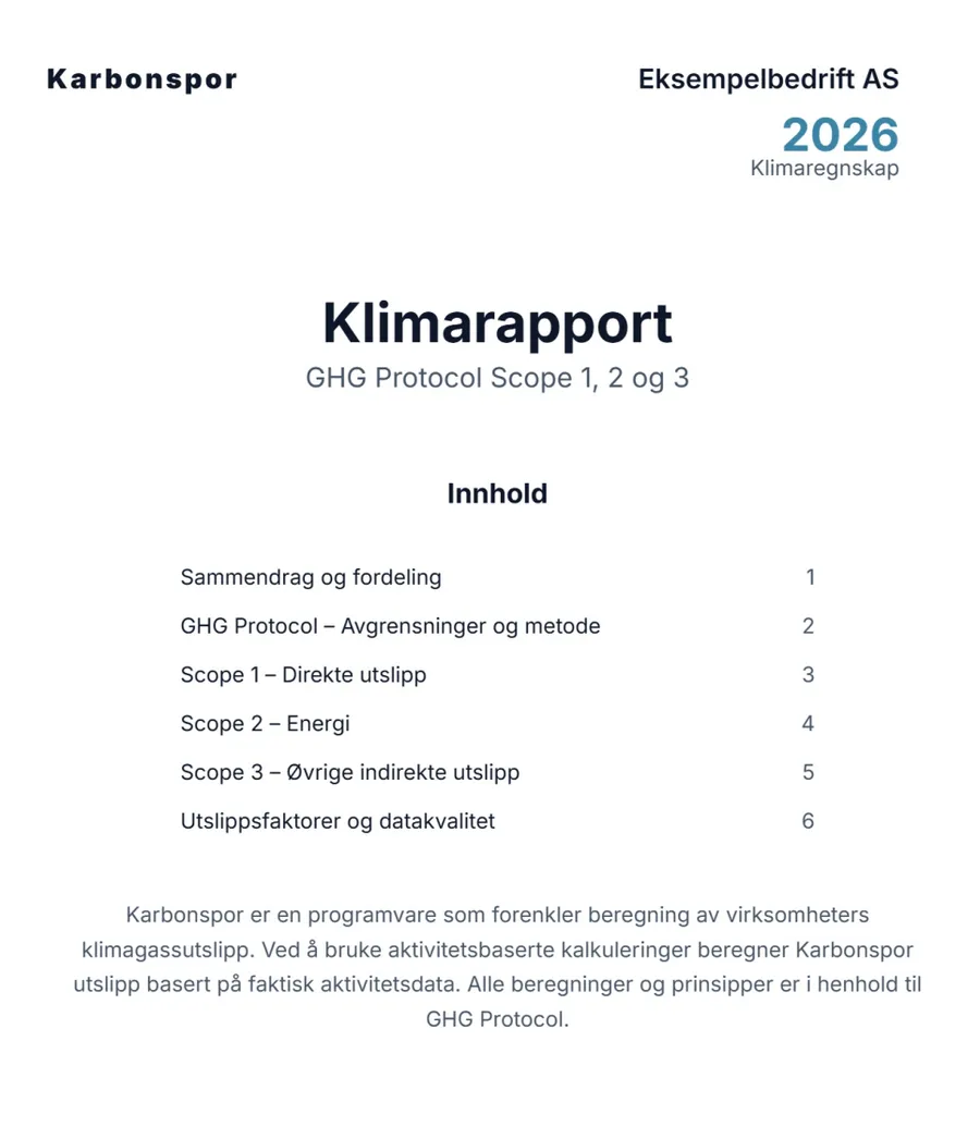 Eksempel på klimarapport generert av Karbonspor